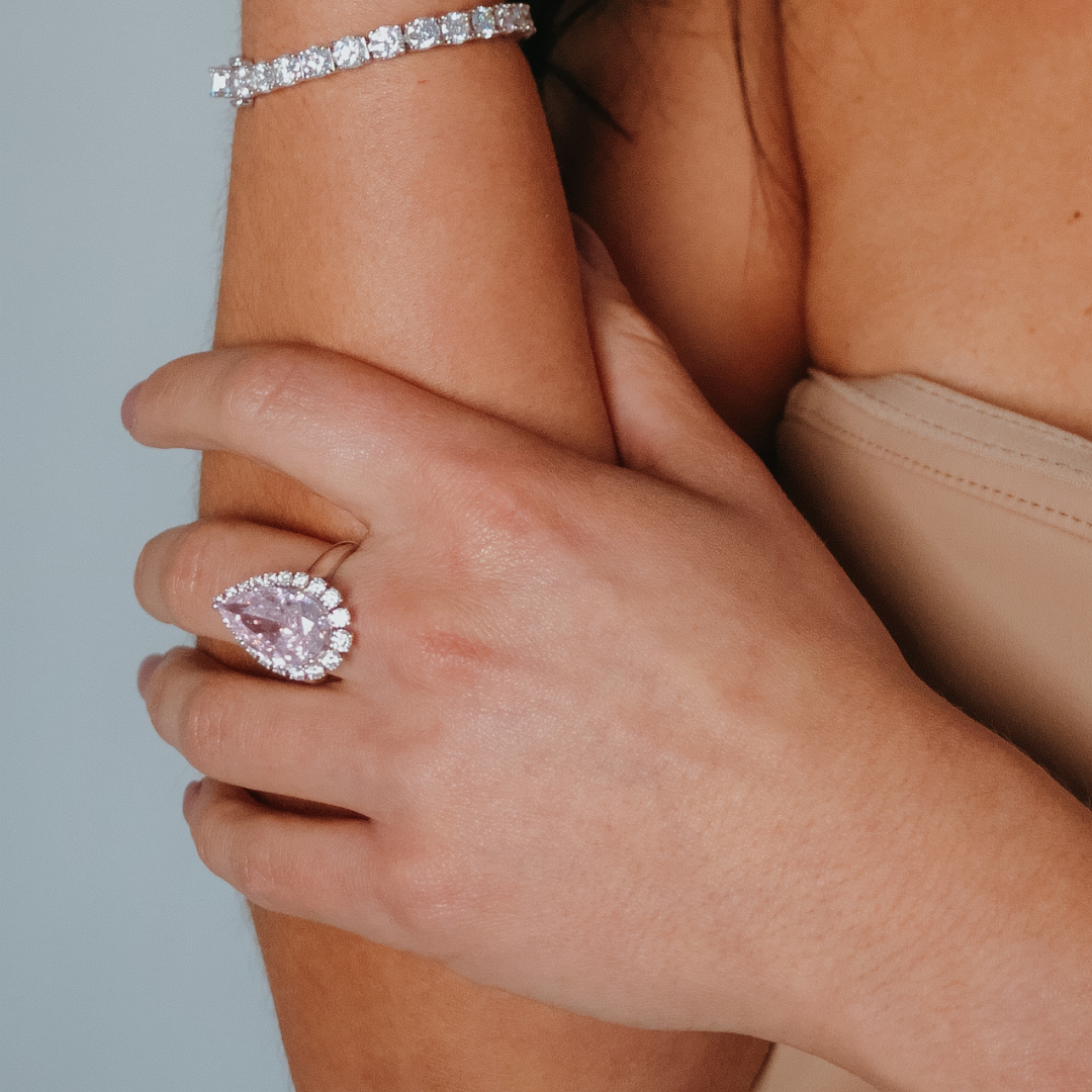 Pink Pear Halo Moissanite ring